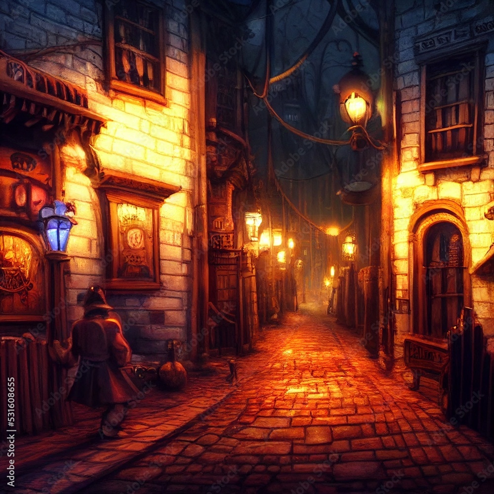 Illustration einer Piraten Stadt bei Nacht