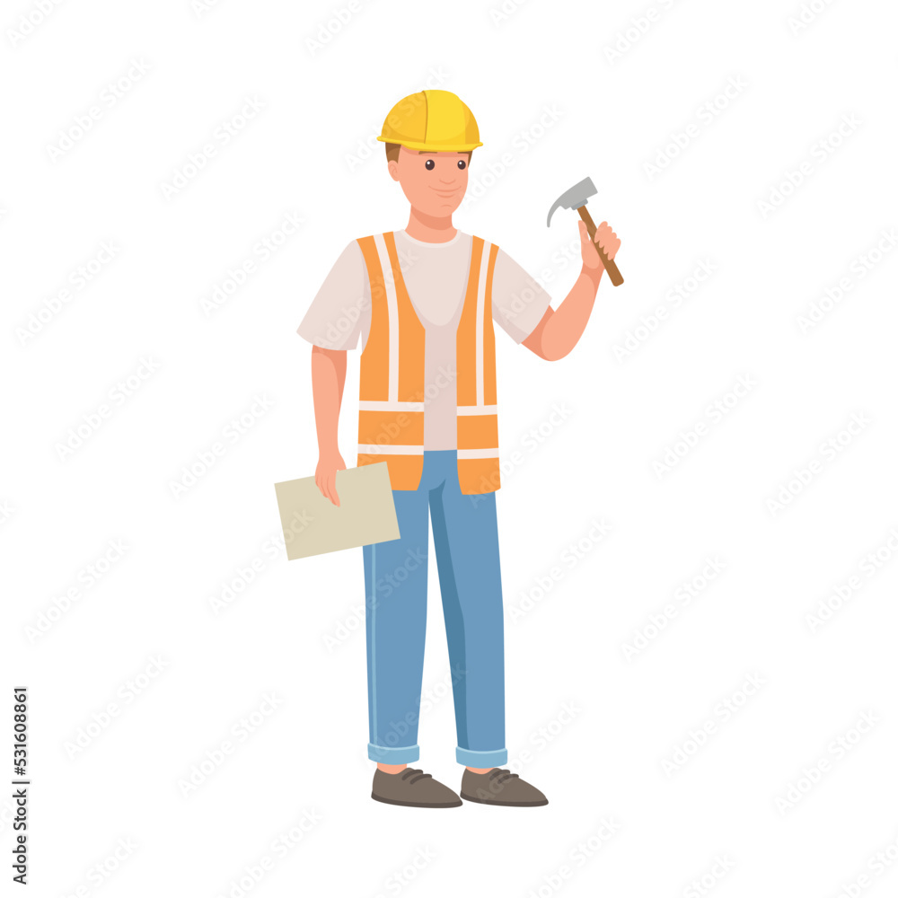 Man Builder Character in Hard Hat and Warnvest Standing with Hammer Vector Illustration Man Builder Character in Hard Hat and Warnvest Standing with Hammer Vector Illustration