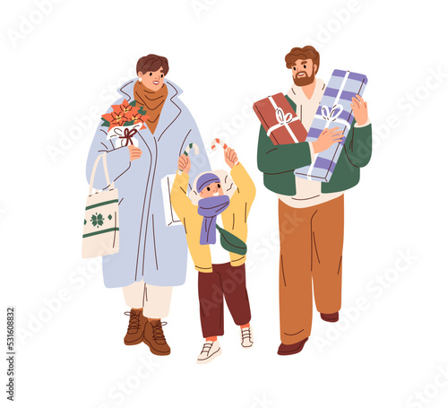 Family during Christmas shopping, walking with gift boxes, poinsettia on stre...