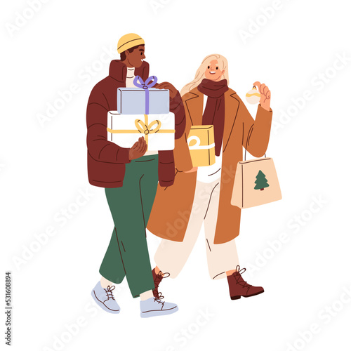 Happy couple going with shopping bags and gift boxes for Christmas, winter vacation. Man and woman during Xmas holiday preparation. Flat graphic vector illustration isolated on white background