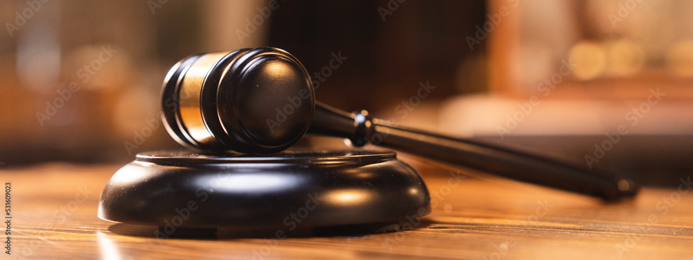 law and authority lawyer concept, judgment gavel hammer in court courtroom for crime judgement legislation and judicial decision, judge having justice of punishment guilt and criminal verdict legal - obrazy, fototapety, plakaty 