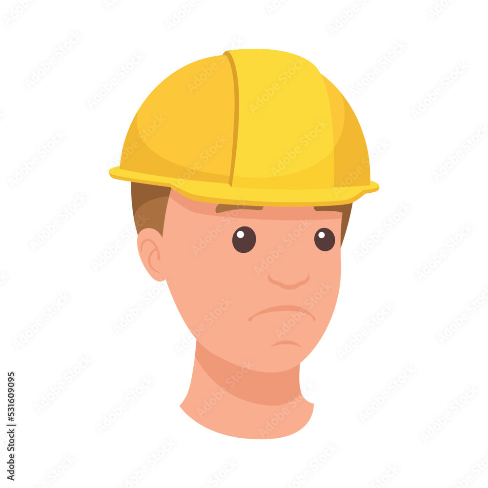 Man Builder Character Head in Yellow Hard Hat and Sad Face Expression Vector Illustration Man Builder Character Head in Yellow Hard Hat and Sad Face Expression Vector Illustration