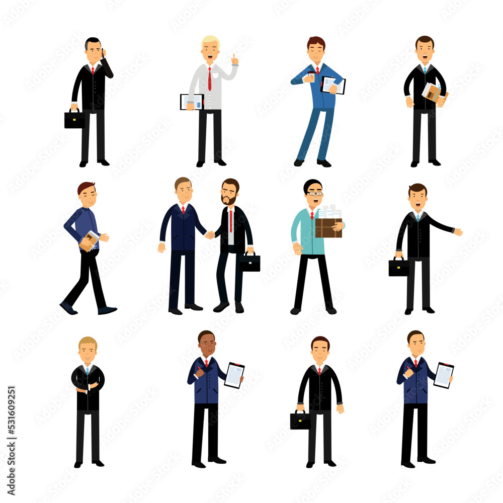 Business Man Character in Suit and Tie Engaged in Daily Office Routine Big Vector Set