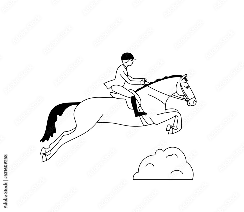 Fototapeta premium Horse hunting, a rider on a horse jumps over a hedge