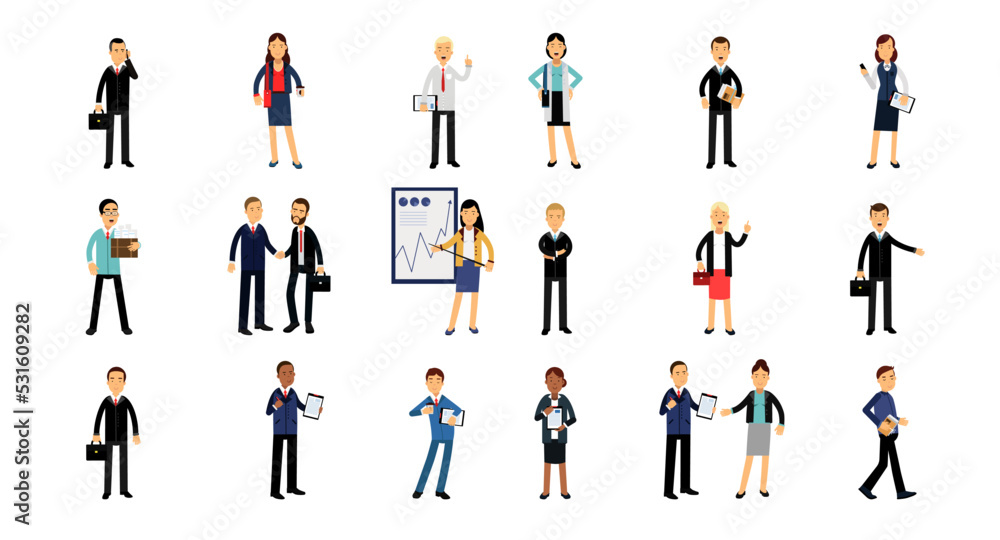 People Business Character Working in the Office Performing Professional Duty Vector Set