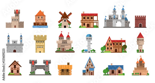 Medieval Historical Buildings with Castle with Stone Walls, Tower, Windmill and House Vector Set