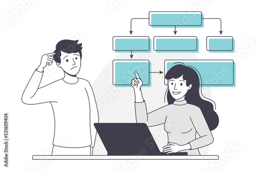 Man and Woman Business Character at Desk with Laptop and Diagram Working with Data Vector Illustration