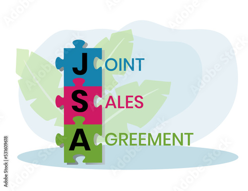 JSA - Joint Sales Agreement acronym, business concept. word lettering typography design illustration with line icons and ornaments.