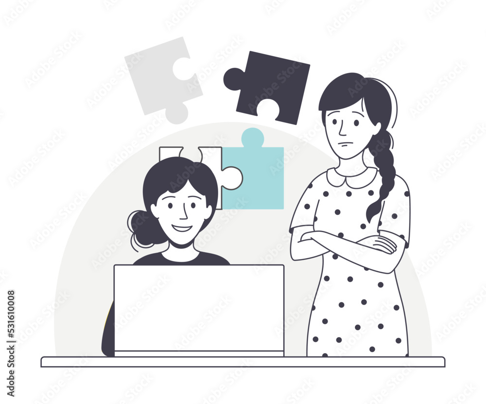Fototapeta premium Woman Business Character at Desk with Laptop and Jigsaw Puzzle Working with Data Vector Illustration