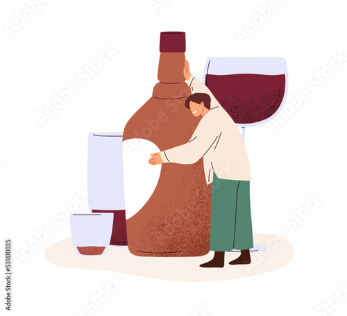 Drunk man with alcohol bottle. Alcoholism disorder, wine addiction concept. Addicted drinker, drunken person with bad unhealthy habit. Flat graphic vector illustration isolated on white background