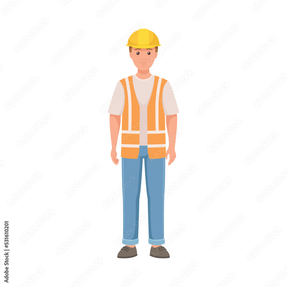 Man Builder Character in Hard Hat and Warnvest in Standing Pose Vector Illustration