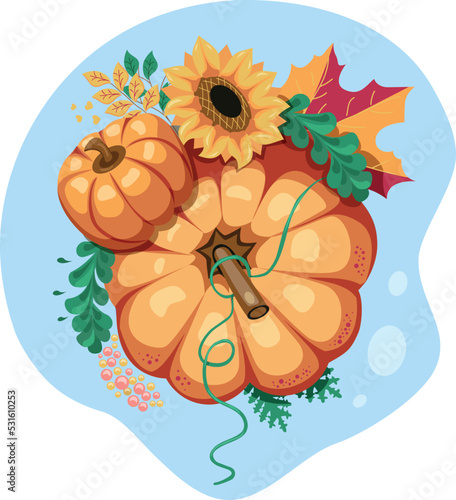 Autumn bouquet with pumpkins, sunflowers, colorful leaves and berries. Autumn is a very generous and beautiful season