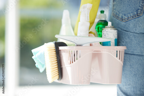 Obraz na plátne Home, cleaning and chemical products in a bucket for home care work and spring clean routine