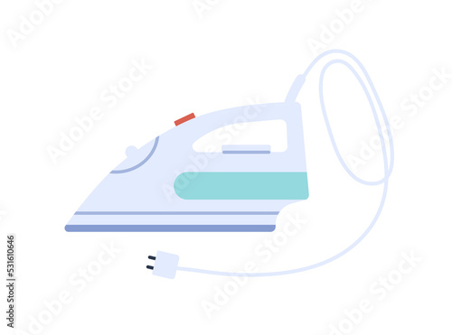 Electric steam iron for clothes. Domestic appliance with cord, plug. Home device with cable. Flatiron press, house equipment, side view. Flat graphic vector illustration isolated on white background
