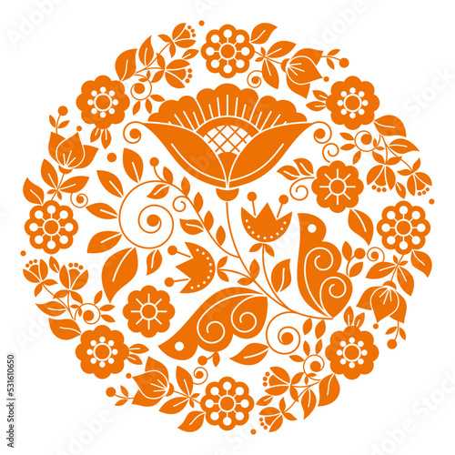 Scandinavian folk art vector floral mandala orange design pattern in frame inspired by the traditional embroidery from Sweden, Norway and Denmark
