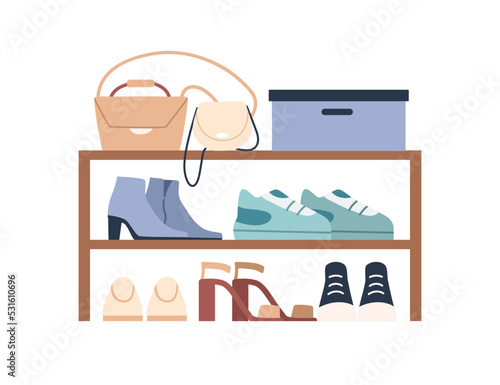 Shoe rack, shelf for storage. Footwear bench, organizer with wood tiers. Women heeled and sport foot wear, bags, accessories in wardrobe. Flat vector illustration isolated on white background