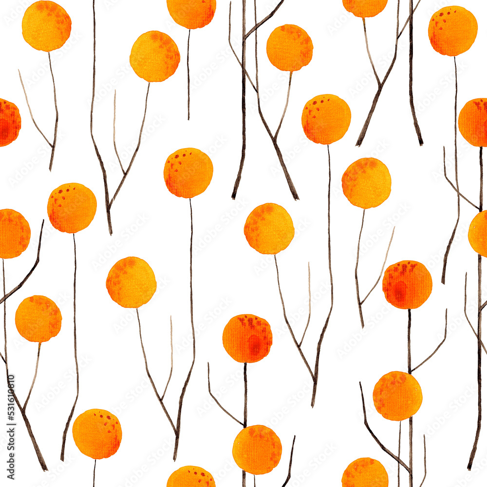 Fototapeta premium Watercolor drawing yellow thickets. Stylization of trees with yellow crowns on a white background. Seamless pattern.