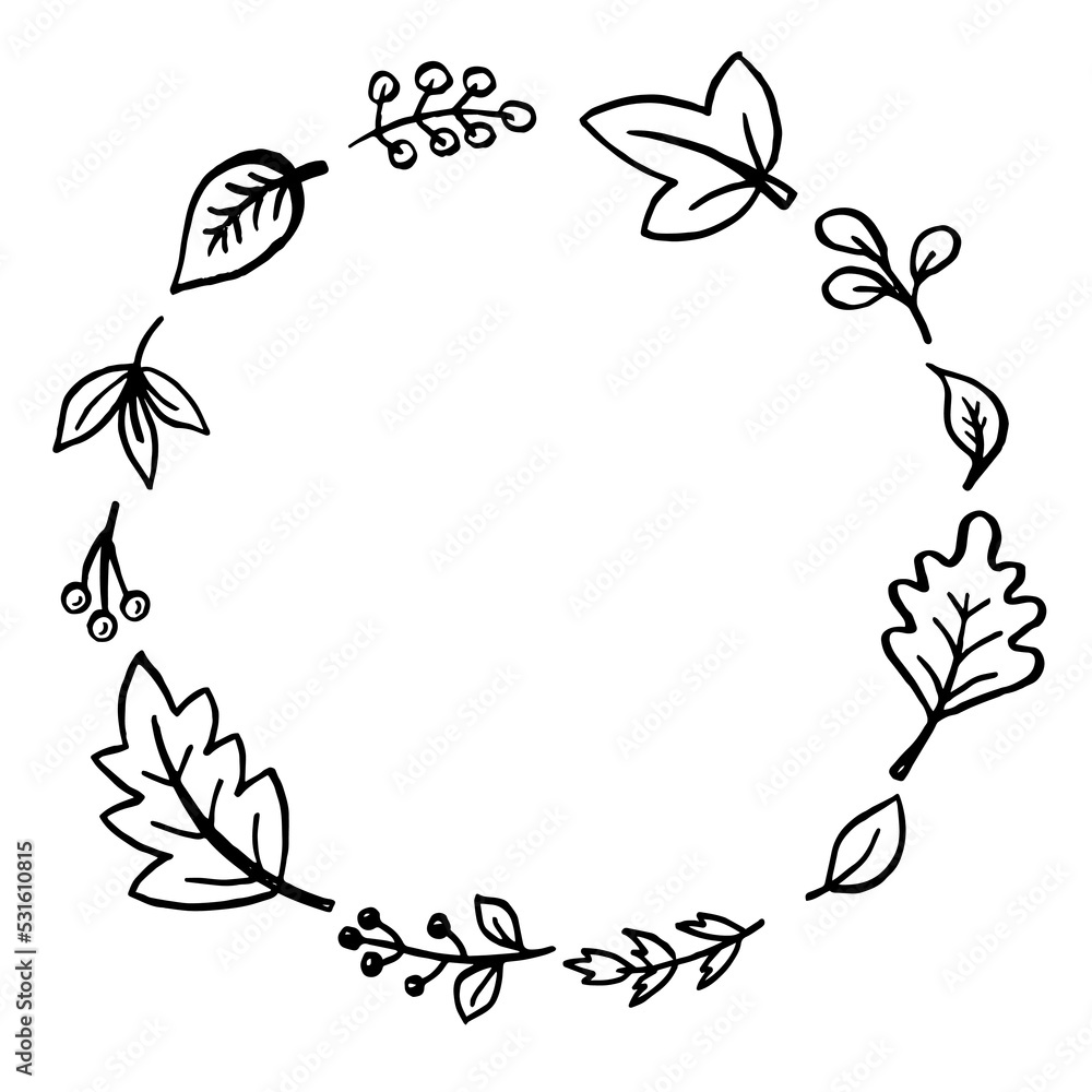 Hand drawn vector round frame. Doodle floral wreath with leaves, berries, branches. Decorative elements for design. Hand drawn vector round frame. Doodle floral wreath with leaves, berries, branches. Decorative elements for design.