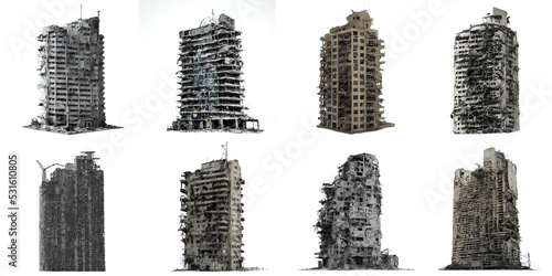 set of ruined skyscrapers, post-apocalyptic buildings isolated on white background