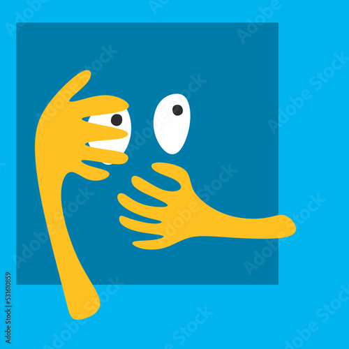 Abstract face art with illustration of hands covering face and prying eyes