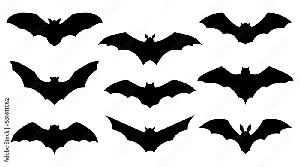 Bat collection. Hand drawn vector illustration. Isolated black objects on white background. - obrazy, fototapety, plakaty 