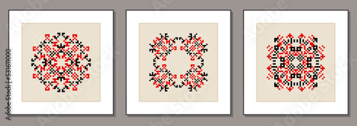 Set of posters with traditional Ukrainian embroidery ethnic ornament vyshyvanka