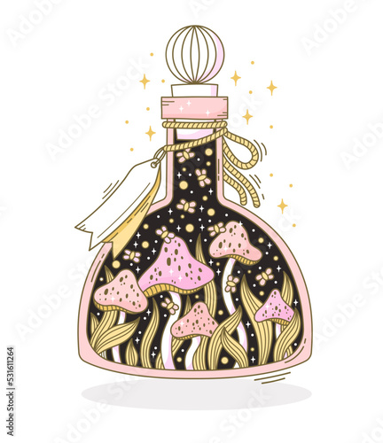 Hand drawn bottle with magic potion in fantasy style on white background. Doodle vector illustration of vial with scary occult objects like mushrooms, flies and rope tied tag.