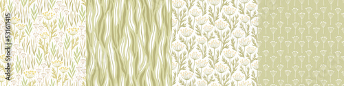 Set of hand-drawn seamless patterns with stylized wildflowers. Colorful floral illustrations for paper and gift wrap. Fabric print textured design. Creative stylish meadow background.