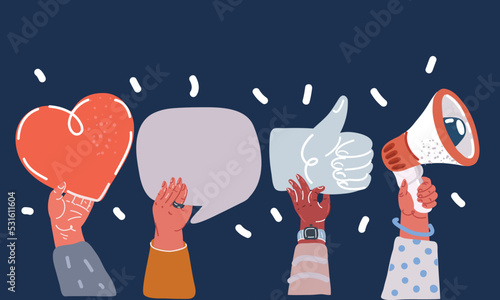 Cartoon vector illustration of social media icons. Digital marketing symbols. Like button, speech bubble, megaphone icons. Heart and speach bubble. Elements for networking sites, communication