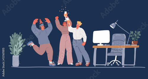 Cartoon vector illustration of Successful business team. A group of happy office workers celebrating the victory. People with their hands up and dring champagne