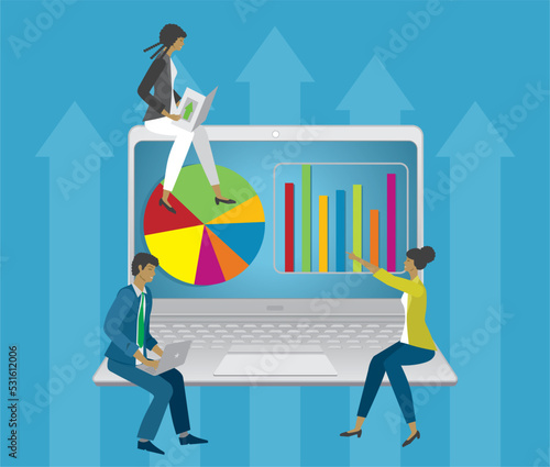 Businesspeople analyzing and presenting results. Vector illustration.