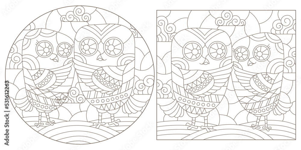 A set of contour illustrations in the style of stained glass with cute cartoon owls, dark contours on a white background