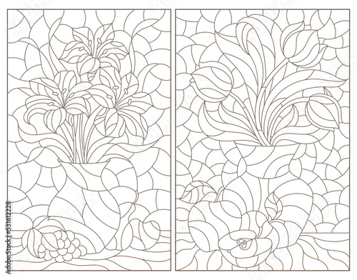 Set of contour illustrations in stained glass style with still lifes, flowers and fruits, dark outlines on a white background