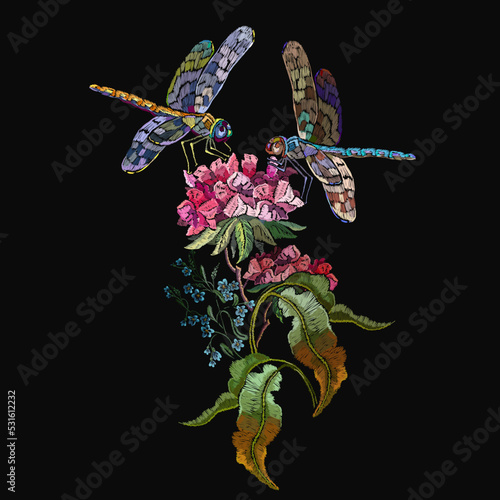 Dragonflies and red geranium flowers botany embroidery. Fashion template for design of clothes, t-shirt design