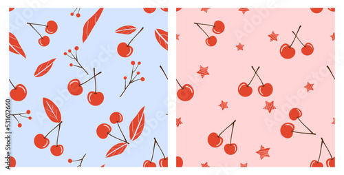 Seamless pattern with cherry fruit, red berry branches and stars on blue and pink backgrounds vector illustration. Cute fruit print.