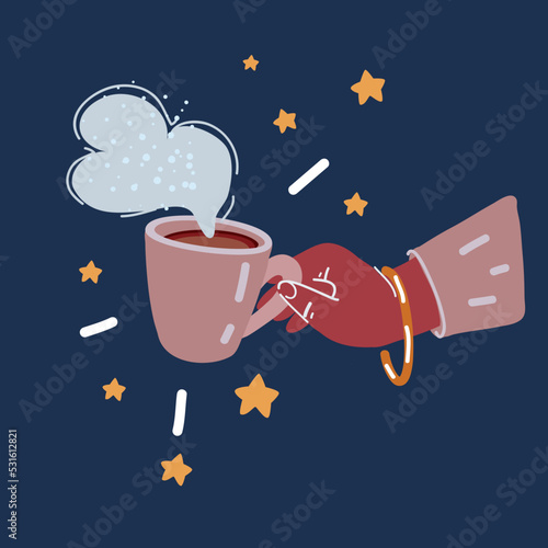 Cartoon vector illustration of Coffee mug in female hands. Woman drinking hot coffee