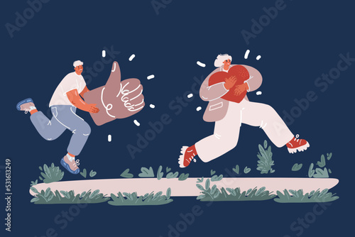 Cartoon vector illustration of man and woman run with thumb up and like symbol and run