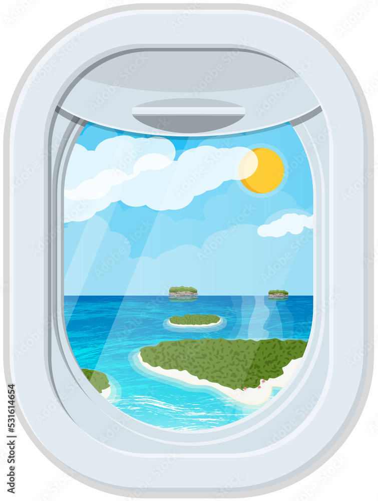 Fototapeta premium Window from inside airplane with tropical island
