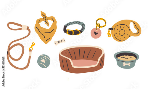 Various dog supplies and accessories. Vector hand drawn illustration. All elements are isolated on white background.