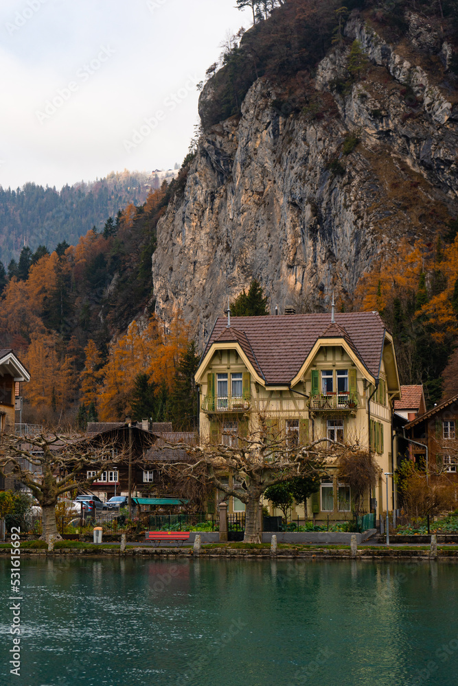 Fototapeta premium Unterseen , historic and small old town and beautiful square near Interlaken and River Aare during autumn , winter morning : Interlaken , Switzerland : December 3 , 2019