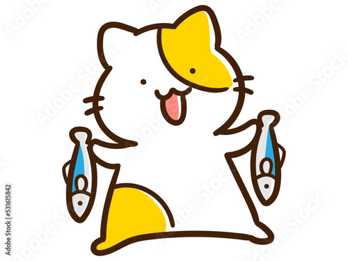魚を両手に持って笑顔なかわいいねこのキャラクターの手書き風イラスト