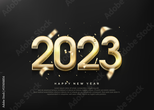 Golden number 2023 shiny, luxury 2023 new year greetings.