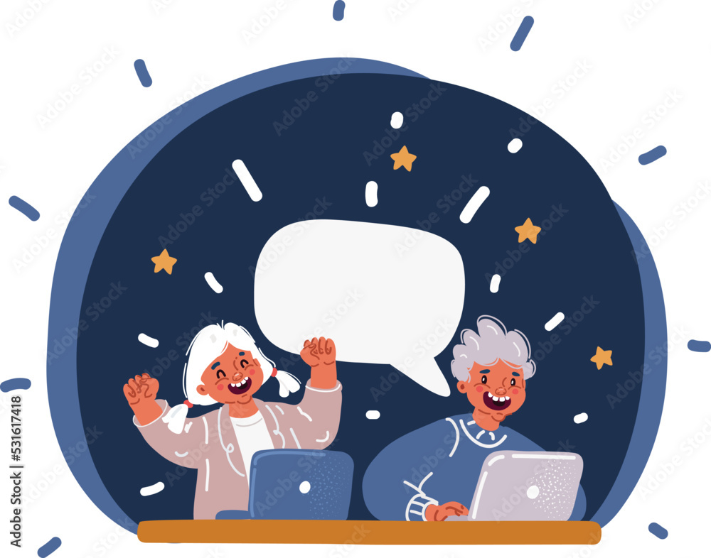 Naklejka premium Cartoon vector illustration of Smiling smart little boy and girl kids using laptop together. Brother and sister in school