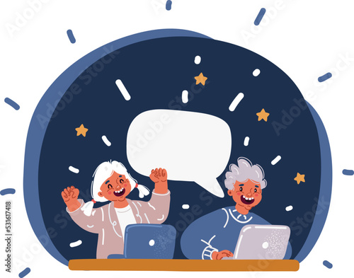 Cartoon vector illustration of Smiling smart little boy and girl kids using laptop together. Brother and sister in school