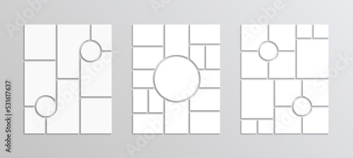 Mosaic pictures collection. Collage mood board grid. Moodboard template. Set of presentation backgrounds. Photo layout. Album brandboard. Gallery banner. Organised portfolio. Vector illustration