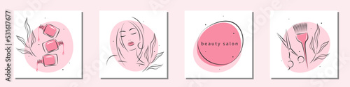 Beauty salon. Manicure, makeup, hairdressing. Beautiful woman face, nail polish, scissors and hair brush. Vector illustrations