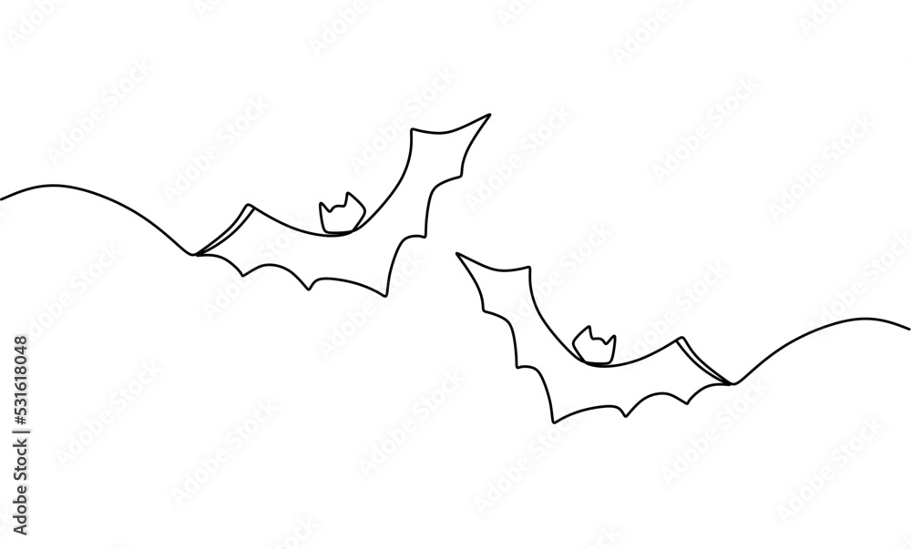 Bat Continuous One Line Drawing. Halloween Card with Two Bats Line Art Minimalis Illustration. Animal Illustration for Halloween Modern Design, Wall Art, Print, Poster, Banner. Vector illustration