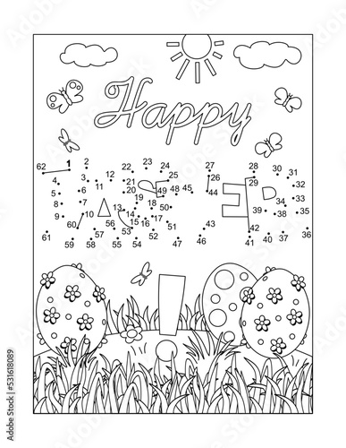 "Happy Easter!" dot-to-dot picture puzzle and coloring page with greeting and painted eggs. Full-page, black and white, activity for kids.
