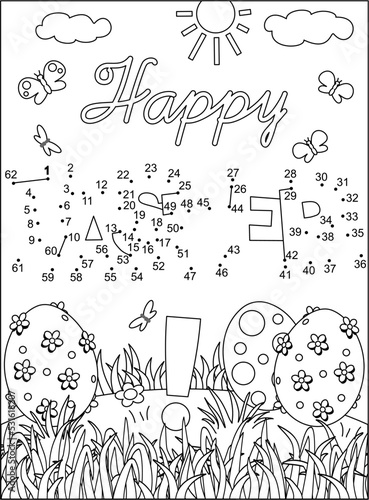 "Happy Easter!" dot-to-dot picture puzzle and coloring page with greeting and painted eggs. Full-page, black and white, activity for kids.
