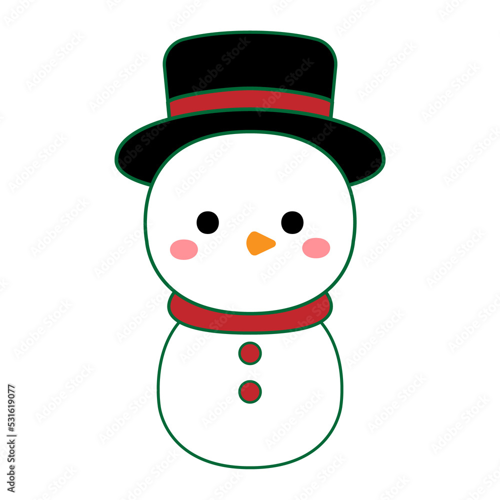 Cute snowman wearing red scarf and black hat. Christmas cute character. 